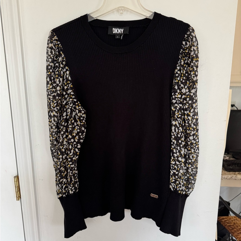 DKNY Black Ribbed Sweater with Printed Puff Sheer Sleeves Office Work Sz XL - Picture 6 of 6
